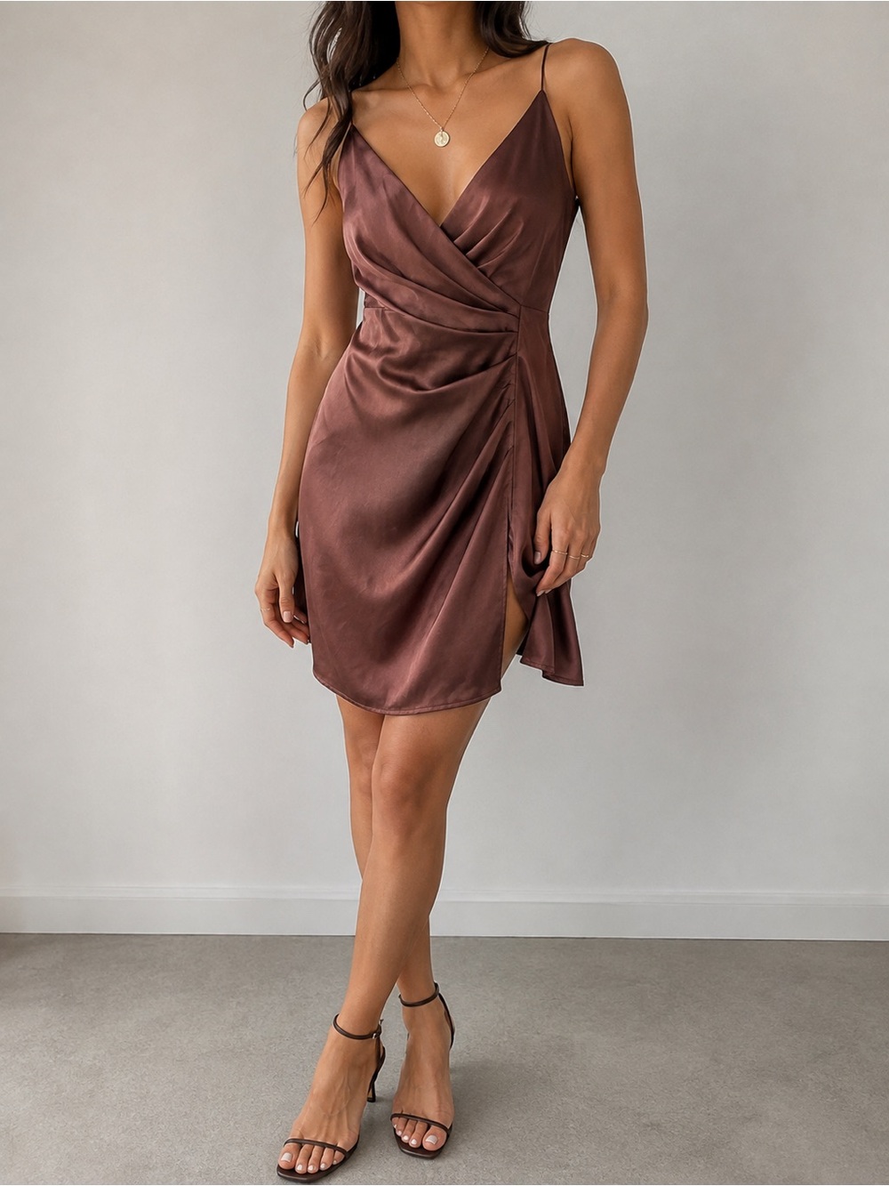 TOBI NWT Chocolate Brown Satin Ruched Wrap Mini Dress